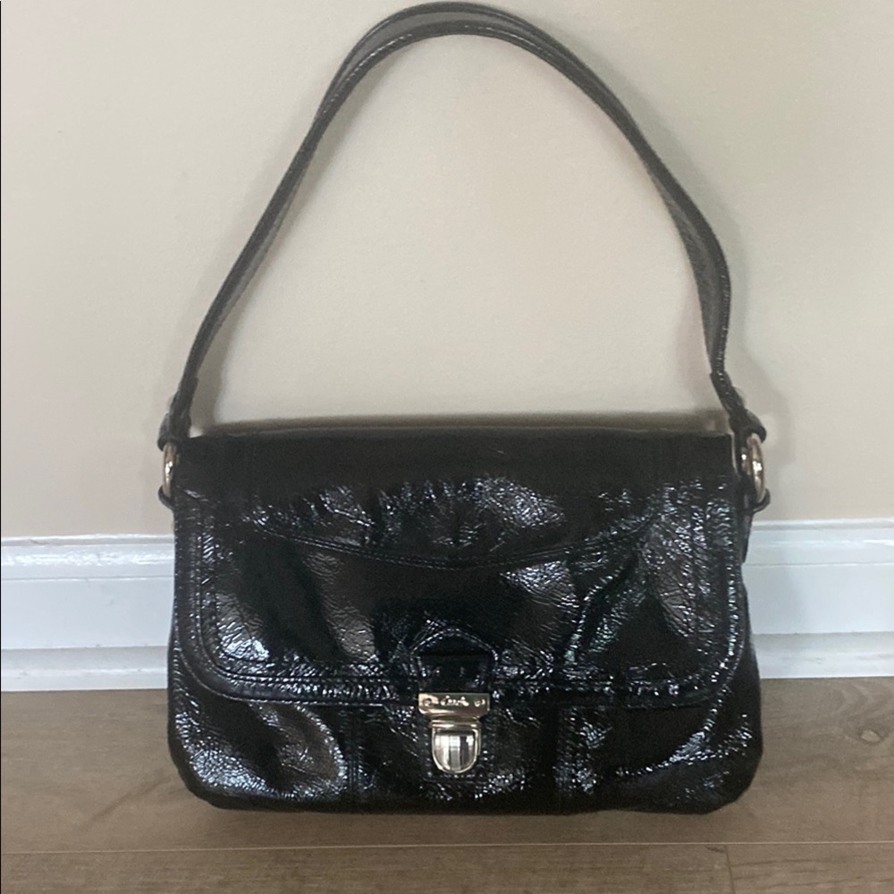 Black Glossy Shoulder Bag with Structured Design